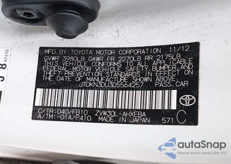 2013 Toyota Prius Two z USA, uszkodzony, nr VIN JTDKN3DU3D5564257